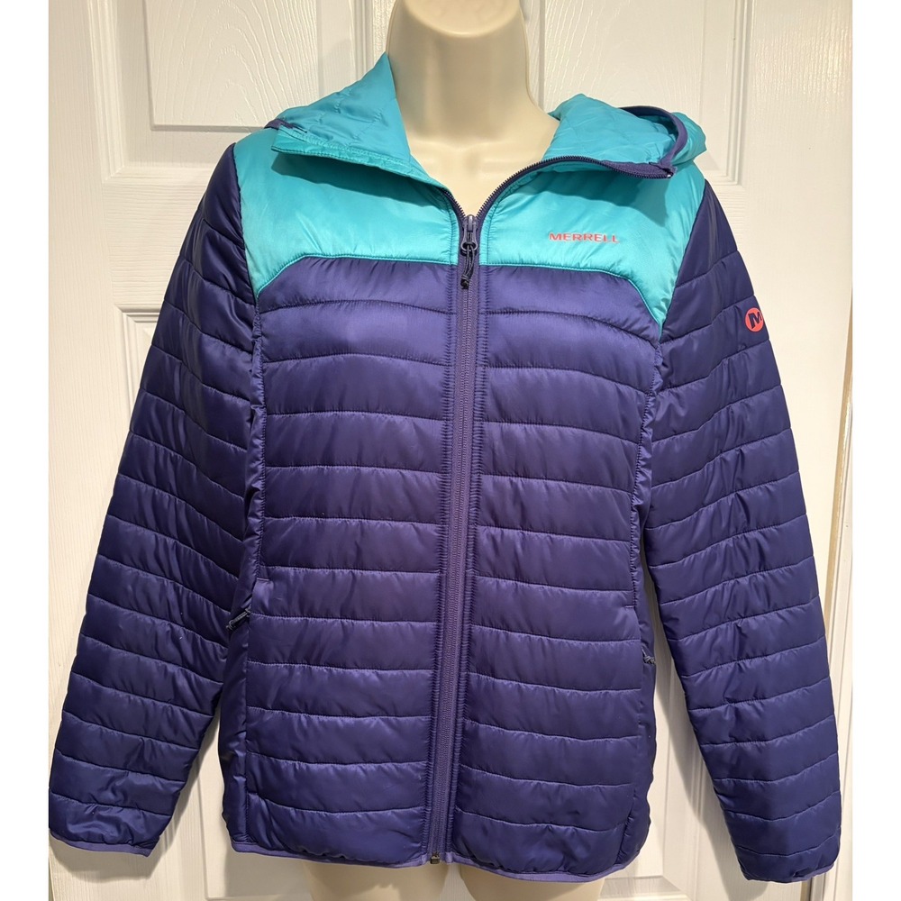 Merrell Womens Puffer Jacket Blue Teal Hooded Lightweight Insulated Small